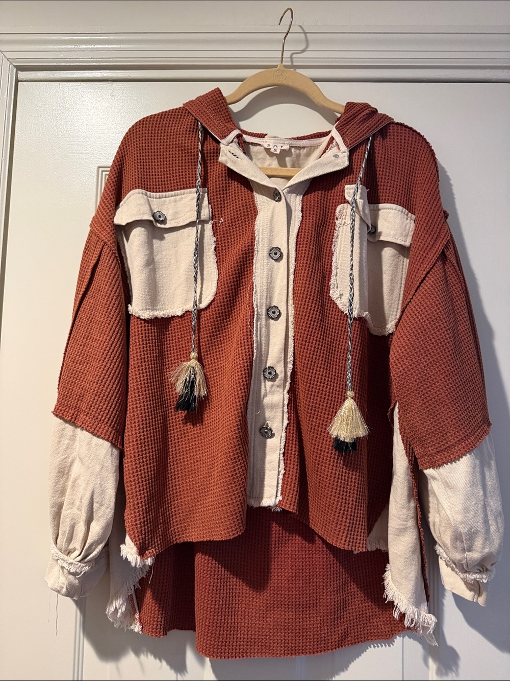 POL Waffle-Knit Hood Shacket Long Back Tassel Tie Oversized Fray Edges Slouchy S - Picture 2 of 14
